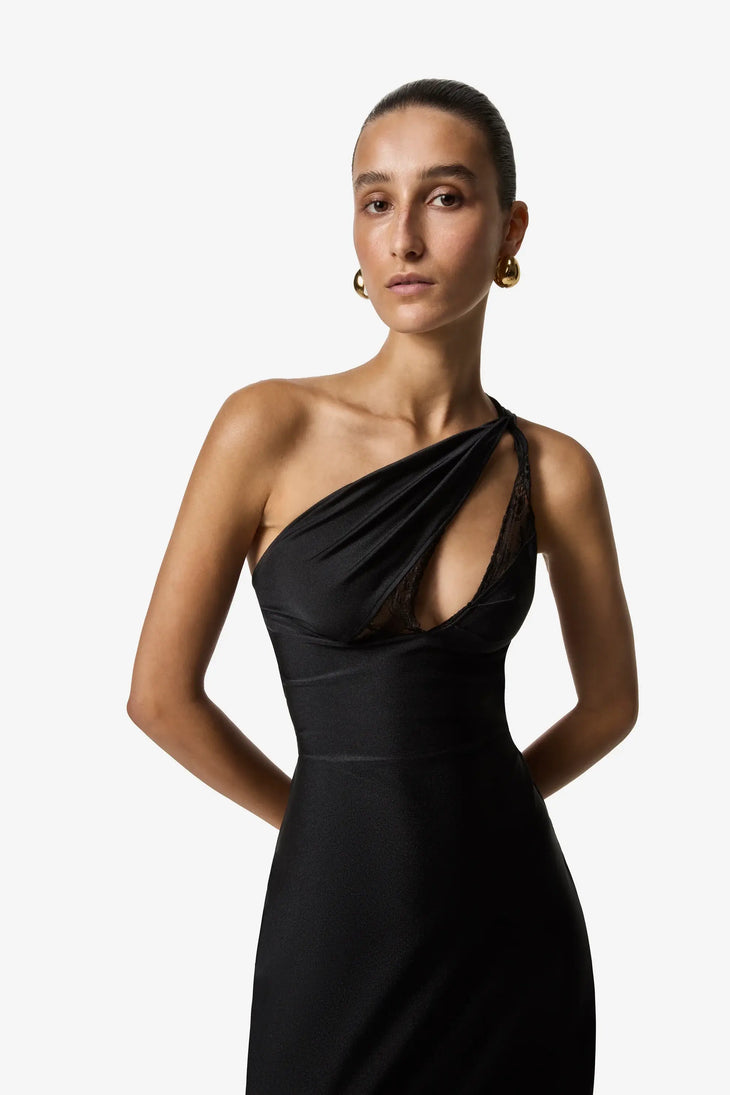 Black asymmetric one-shoulder evening dress with draped neckline detail and fitted silhouette — Coperni | Endless UAE
