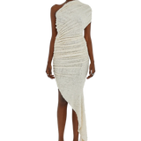 Cream textured one-shoulder asymmetrical midi dress with draped detail — Coucoo | Endless UAE