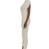 Cream textured one-shoulder asymmetrical midi dress with draped detail — Coucoo | Endless UAE