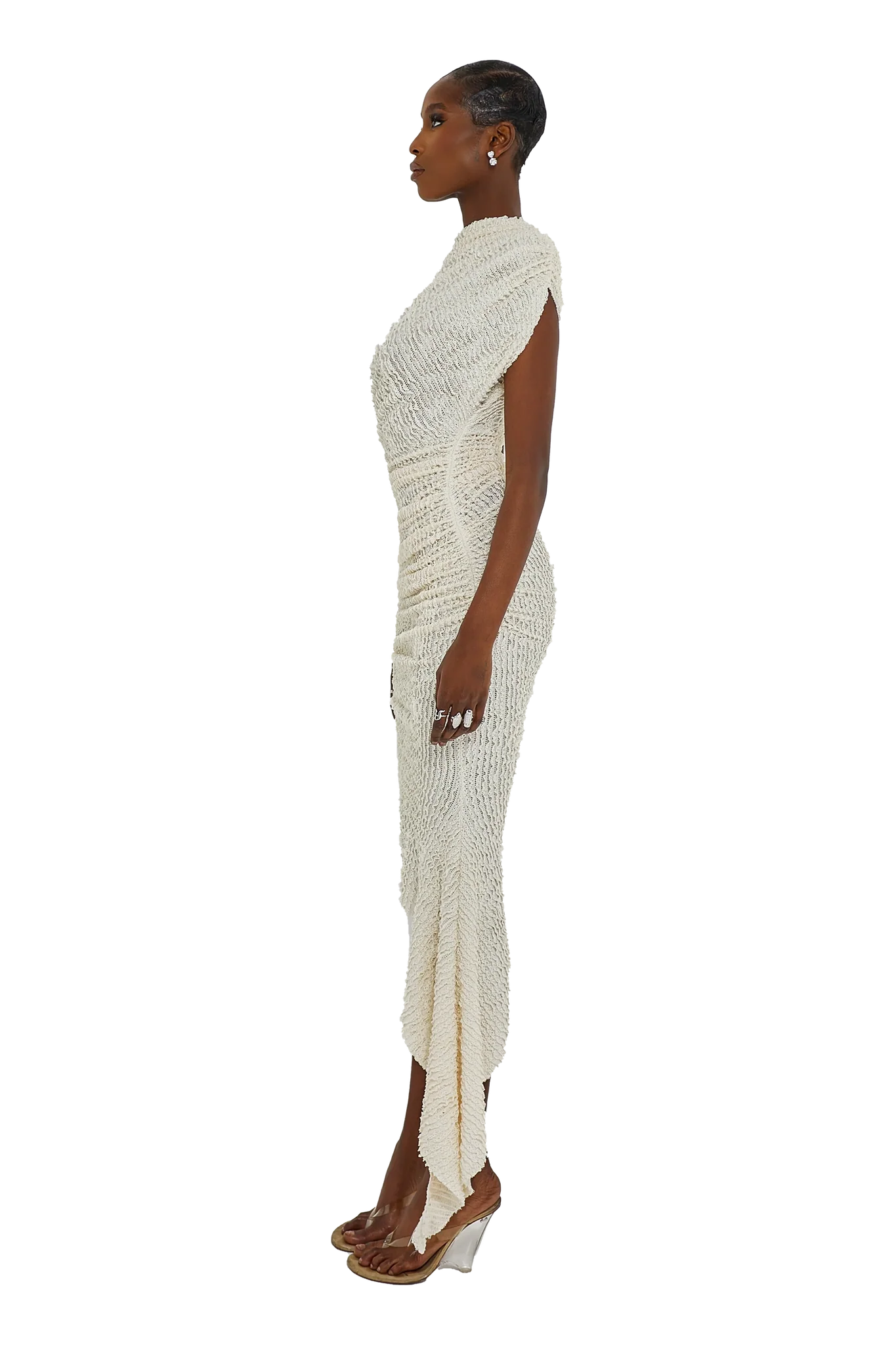 Cream textured one-shoulder asymmetrical midi dress with draped detail — Coucoo | Endless UAE