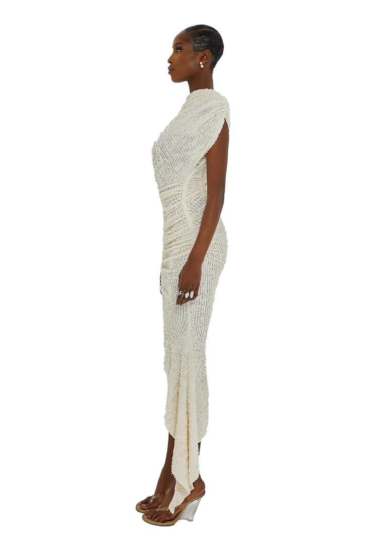 Cream textured one-shoulder asymmetrical midi dress with draped detail — Coucoo | Endless UAE