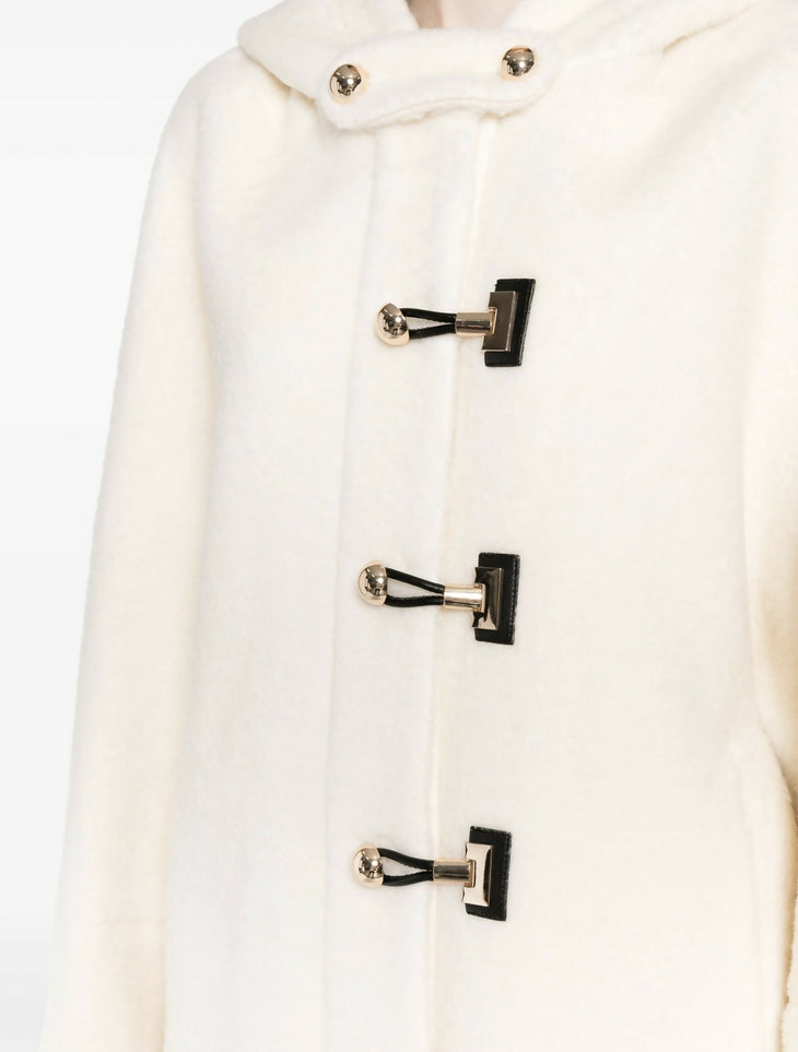 Cream hooded wool-blend coat with black toggle closures and gold-tone hardware detail — B+ab | Endless UAE