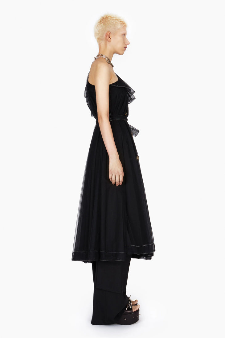 Black tulle trench dress with one shoulder design, layered ruffles, and contrast stitching detail — Act N1 | Endless UAE