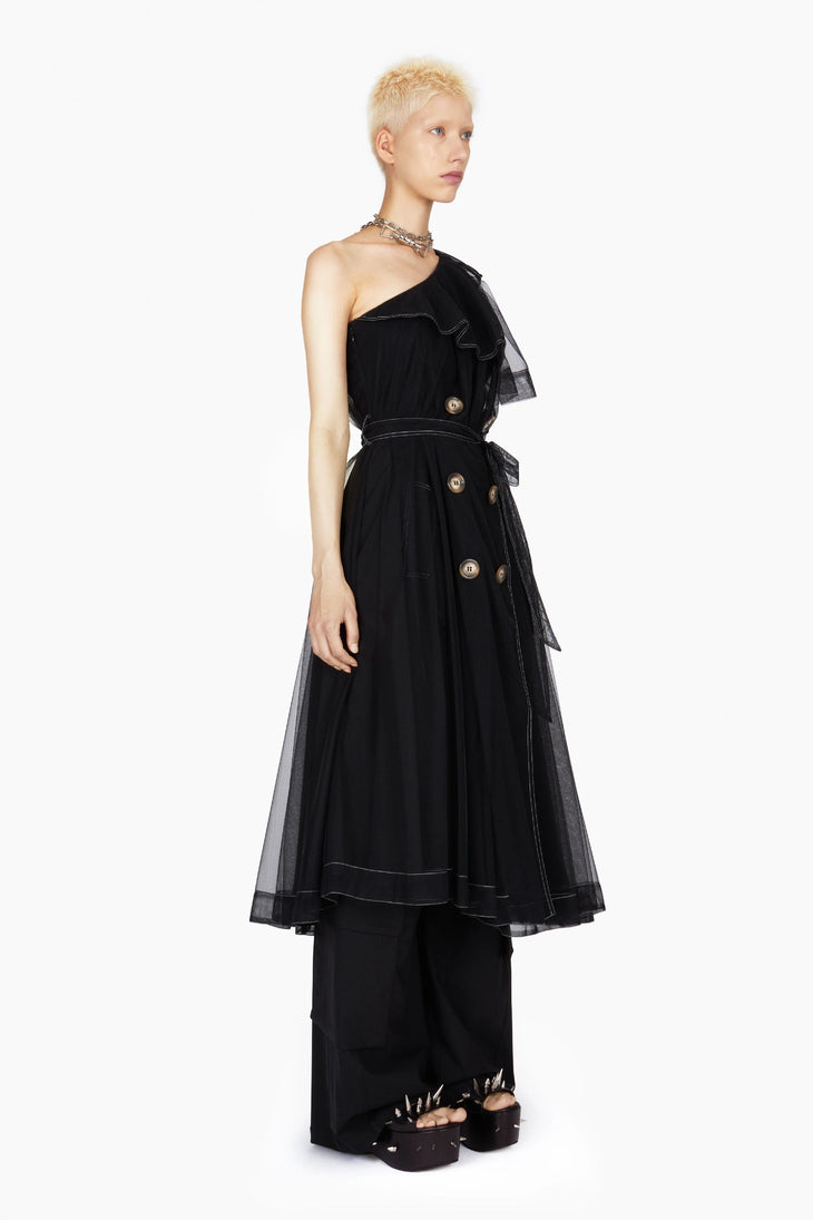 Black one shoulder tulle trench dress with contrast stitching and button details — Act N1 | Endless UAE