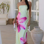 Celeste Maxi Dress in cream with pink floral print, strapless design — Runaway The Label | Endless UAE
