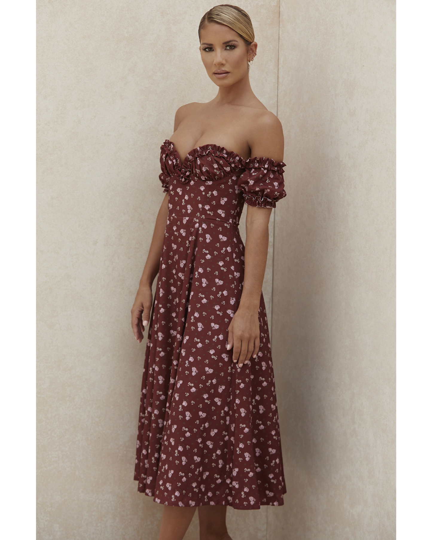 Lauren Wine Floral Strapless Midi Dress