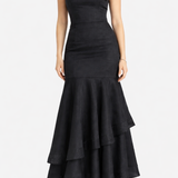 Black Strapless Tiered Midi Dress