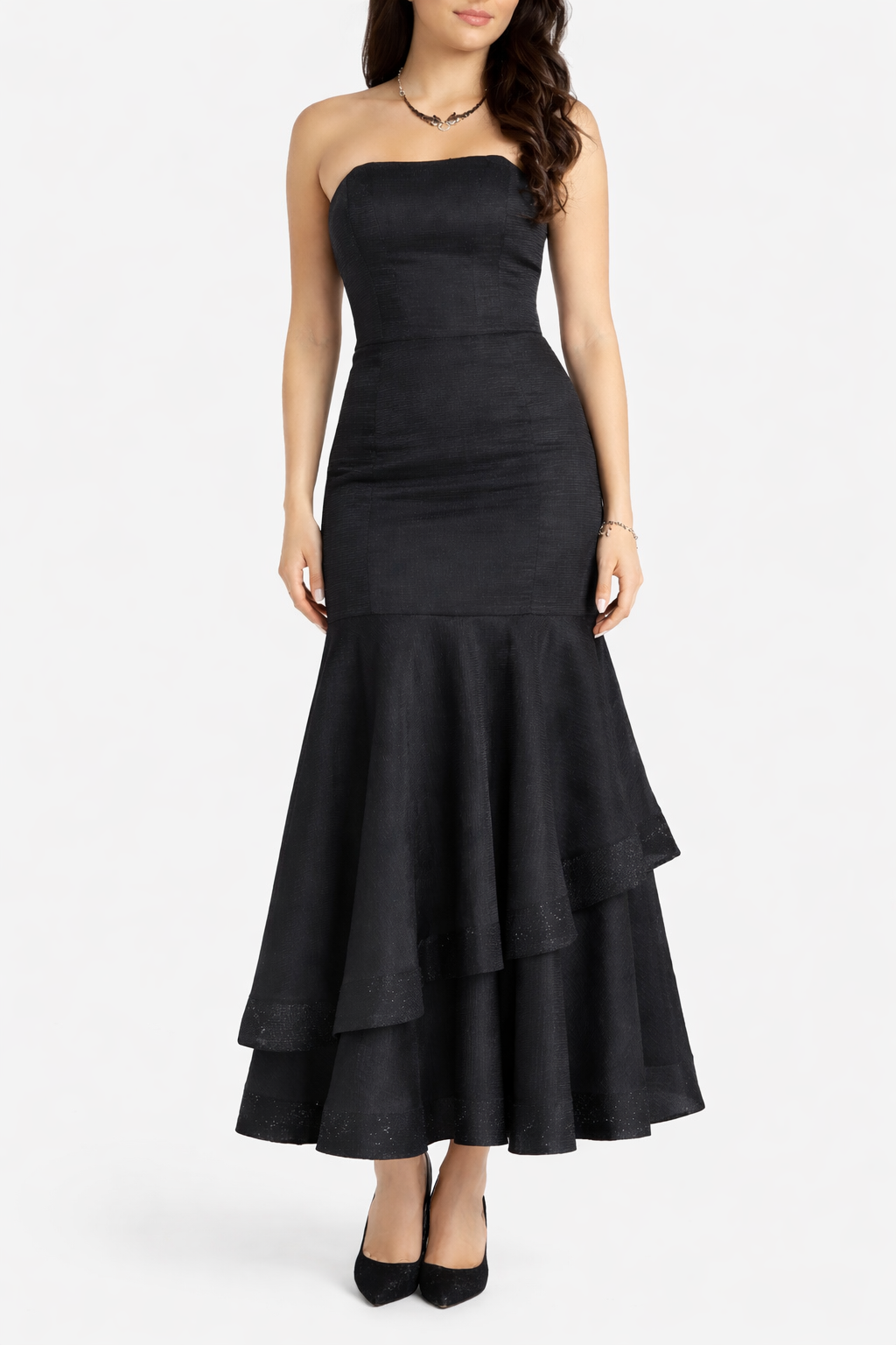 Black strapless midi dress with fitted bodice and tiered ruffle skirt, worn with black heels and jewelry — Coast | Endless UAE