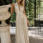 Sitara Pearl Dress in ivory with pleated details and deep V-neckline — Copurs | Endless UAE