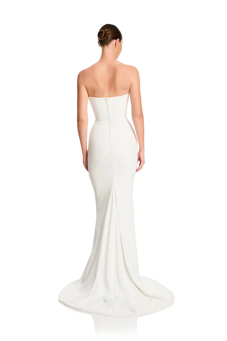 Elegant white strapless mermaid wedding gown with sweetheart neckline and train — KHYA Studios | Endless UAE