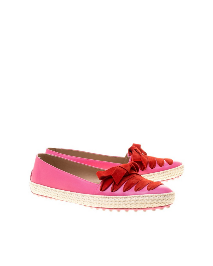 Pink suede espadrille loafers with red ribbon bow detail and beige jute trim — Tod's | Endless UAE
