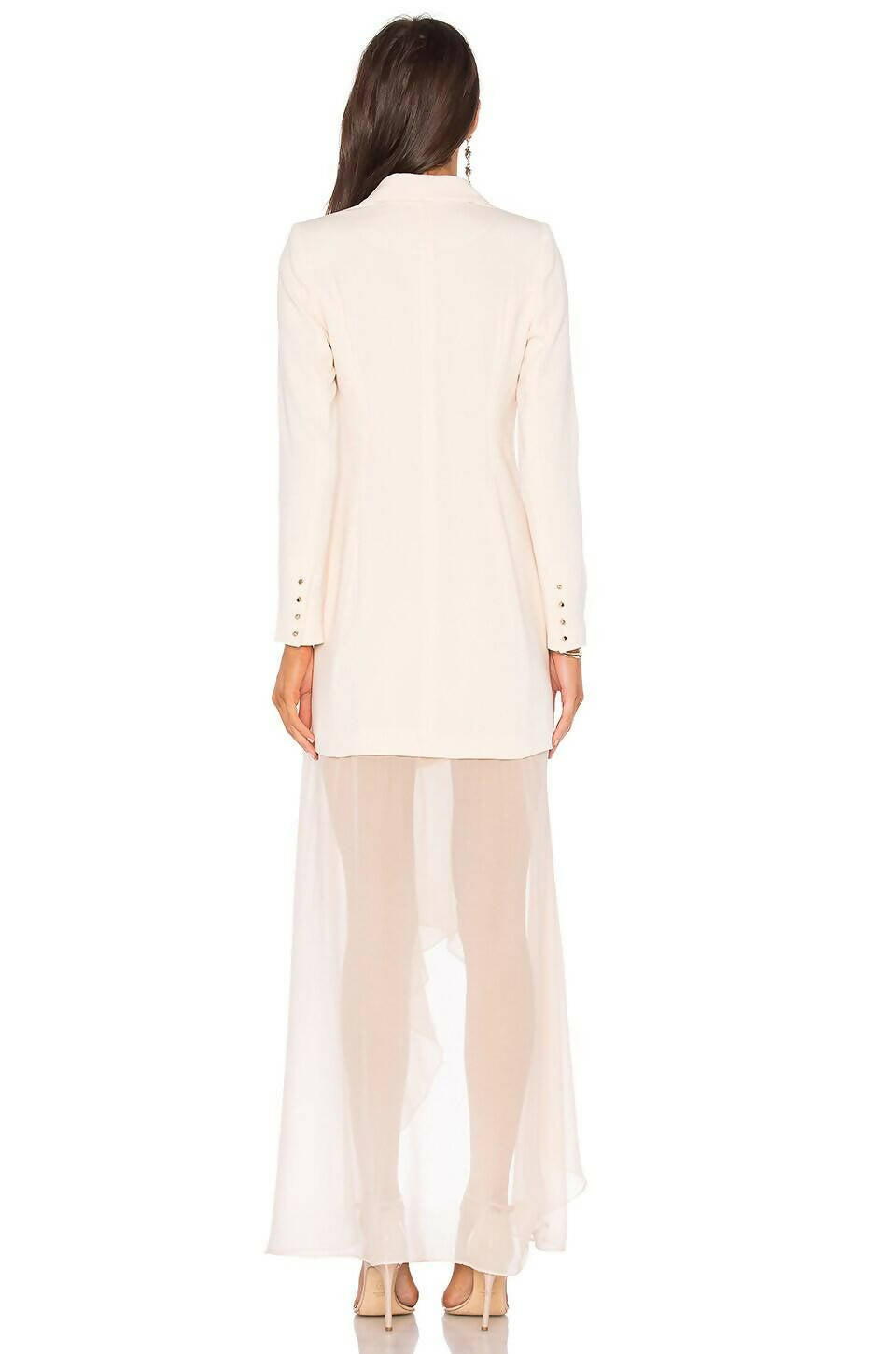 Rear view of woman wearing cream Bonita Tux Dress with sheer wide-leg pants and button-detailed sleeves — Haute Hippie | Endless UAE