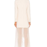 Rear view of woman wearing cream Bonita Tux Dress with sheer wide-leg pants and button-detailed sleeves — Haute Hippie | Endless UAE