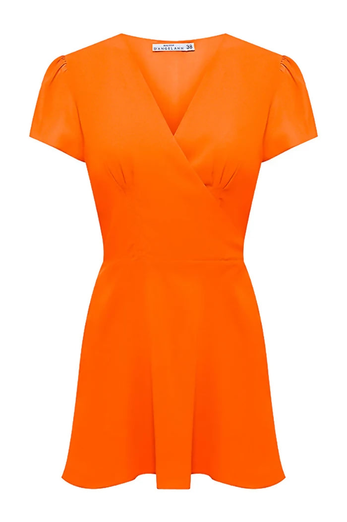 Vibrant orange wrap mini dress with short puffed sleeves, V-neckline, and flared hem — D'angelann | Endless UAE