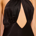 Black satin halter maxi dress with gold chain neck detail and keyhole cutout front — Shona Joy | Endless UAE