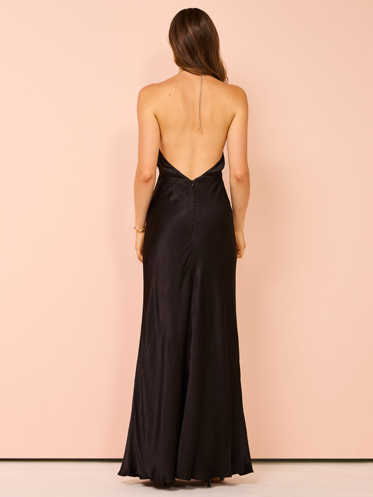 Black satin halter maxi dress with low back and delicate chain neck detail — Shona Joy | Endless UAE