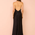 Black satin halter maxi dress with low back and delicate chain neck detail — Shona Joy | Endless UAE