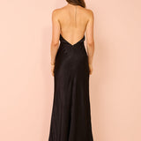 Black satin halter maxi dress with low back and delicate chain neck detail — Shona Joy | Endless UAE