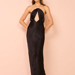 Black satin halter neck maxi dress with keyhole cutout and gold chain neckline detail — Shona Joy | Endless UAE