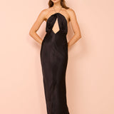 Black satin halter neck maxi dress with keyhole cutout and gold chain neckline detail — Shona Joy | Endless UAE