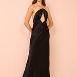 Black satin halter maxi dress with chain neck detail and keyhole cutout — Shona Joy | Endless UAE