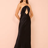 Black satin halter maxi dress with chain neck detail and keyhole cutout — Shona Joy | Endless UAE