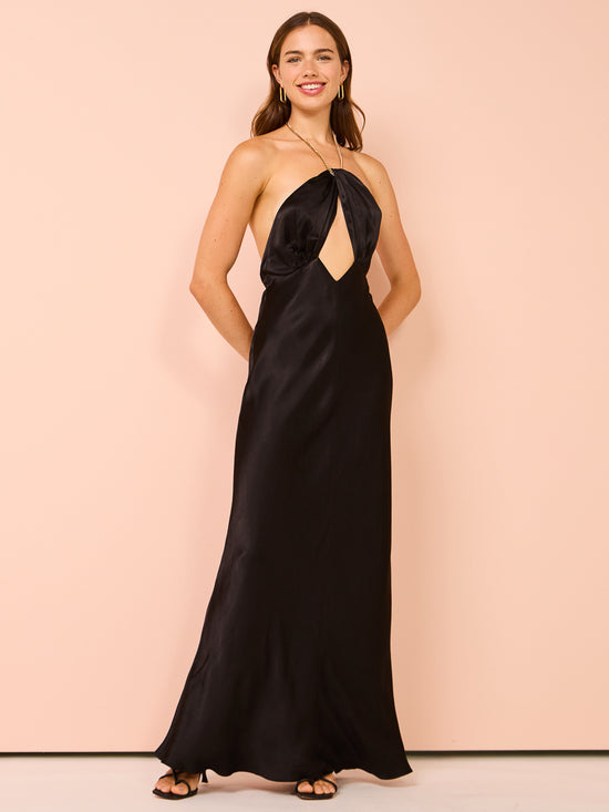 Black satin halter maxi dress with chain neck detail and keyhole cutout — Shona Joy | Endless UAE