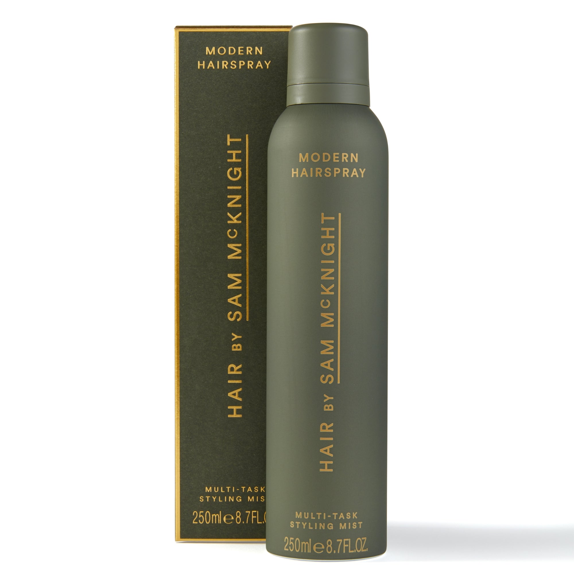 Modern Hairspray Multi-Tasking Styling Mist in olive green aerosol bottle with packaging — Hair by Sam McKnight | Endless UAE