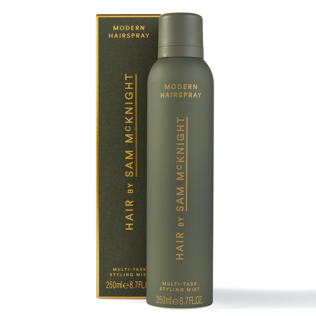 Modern Hairspray Multi-Tasking Styling Mist in olive green aerosol bottle with packaging — Hair by Sam McKnight | Endless UAE