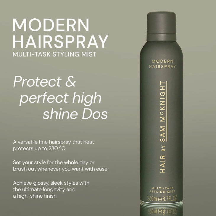 Modern Hairspray Multi-Tasking Styling Mist in olive green aerosol bottle with packaging — Hair by Sam McKnight | Endless UAE