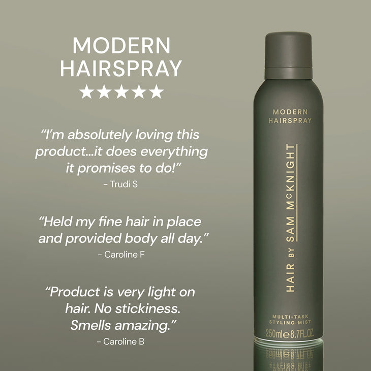 Modern Hairspray Multi-Tasking Styling Mist in olive green aerosol bottle with packaging — Hair by Sam McKnight | Endless UAE