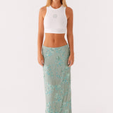 Corinna Low Rise Sequin Maxi Skirt in sage green — Peppermayo | Endless UAE