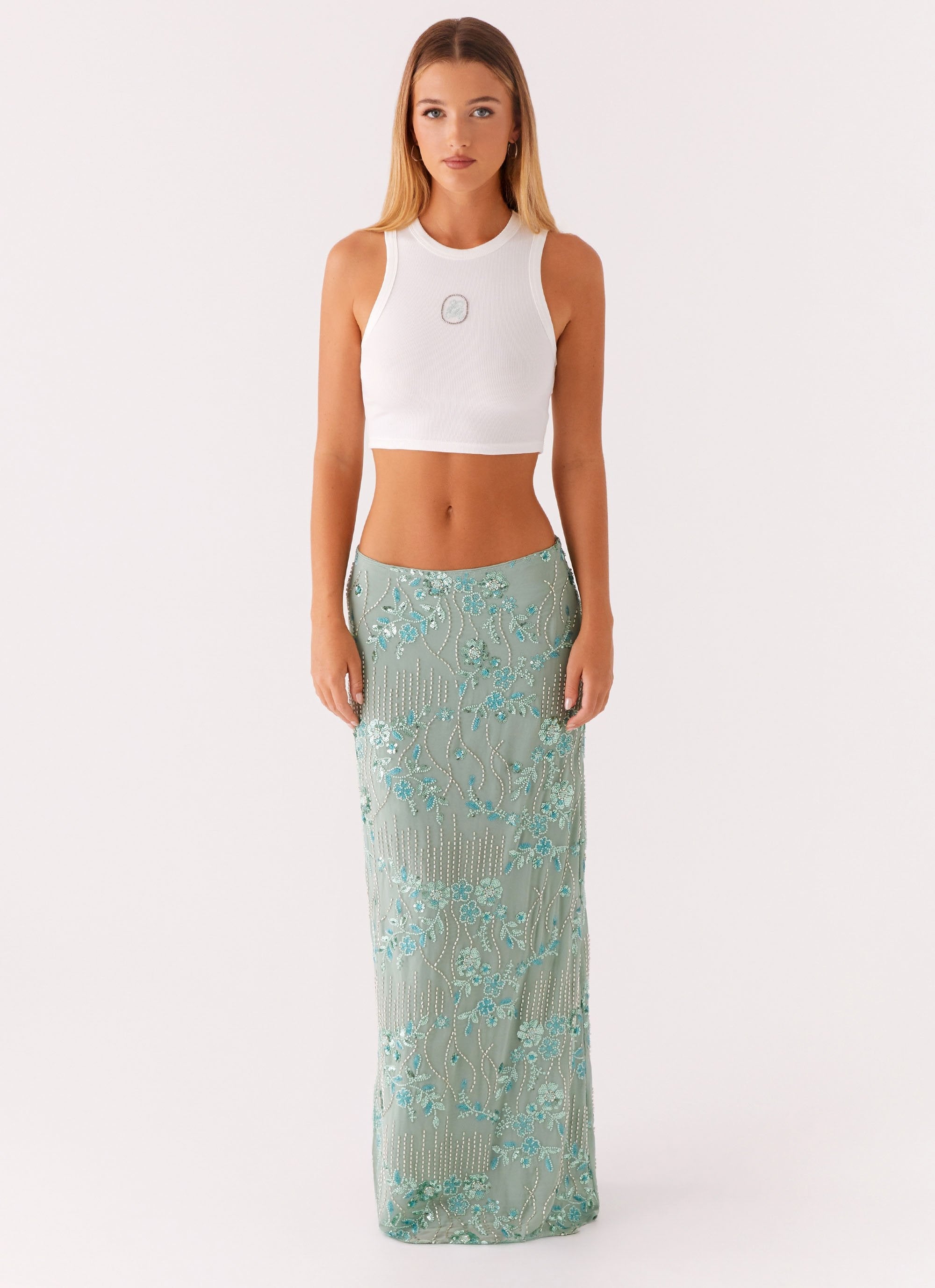 Corinna Low Rise Sequin Maxi Skirt in sage green — Peppermayo | Endless UAE
