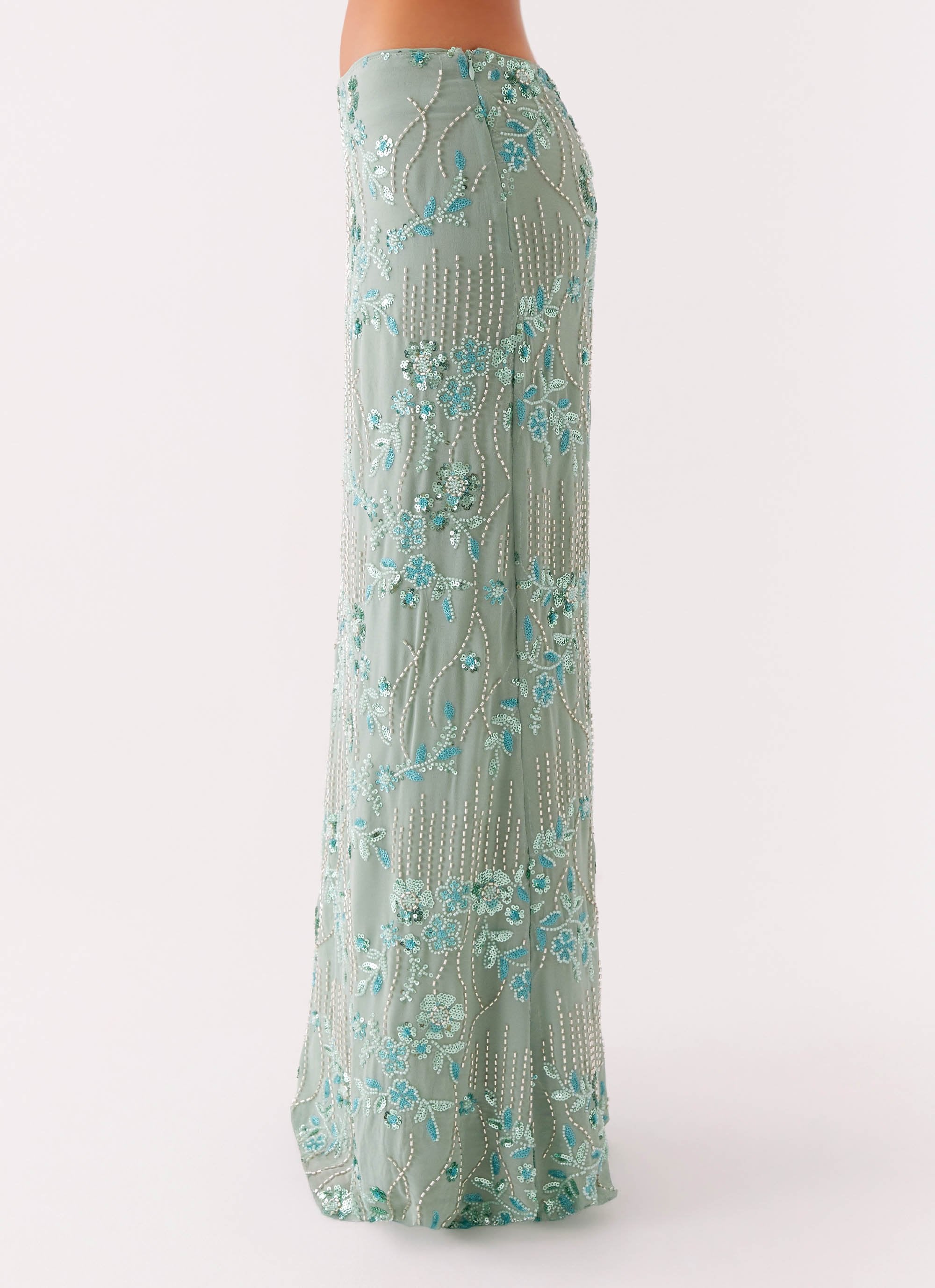 Corinna Low Rise Sequin Maxi Skirt in sage green — Peppermayo | Endless UAE