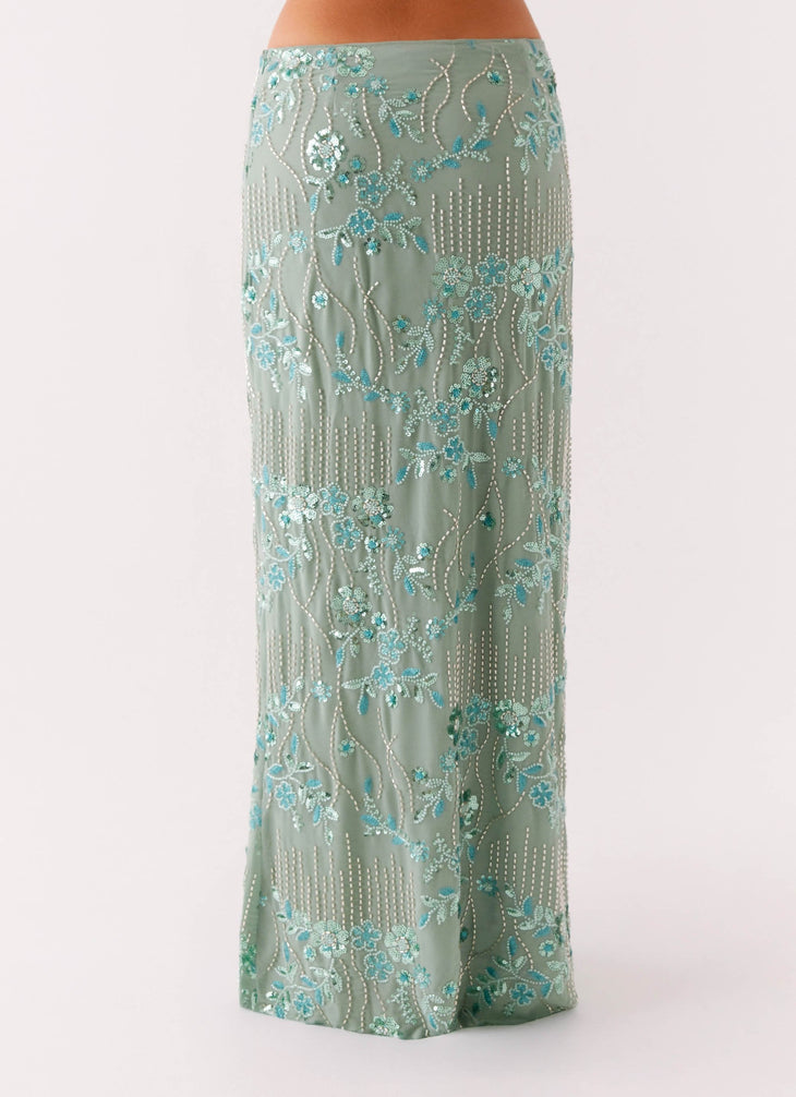 Corinna Low Rise Sequin Maxi Skirt in sage green — Peppermayo | Endless UAE