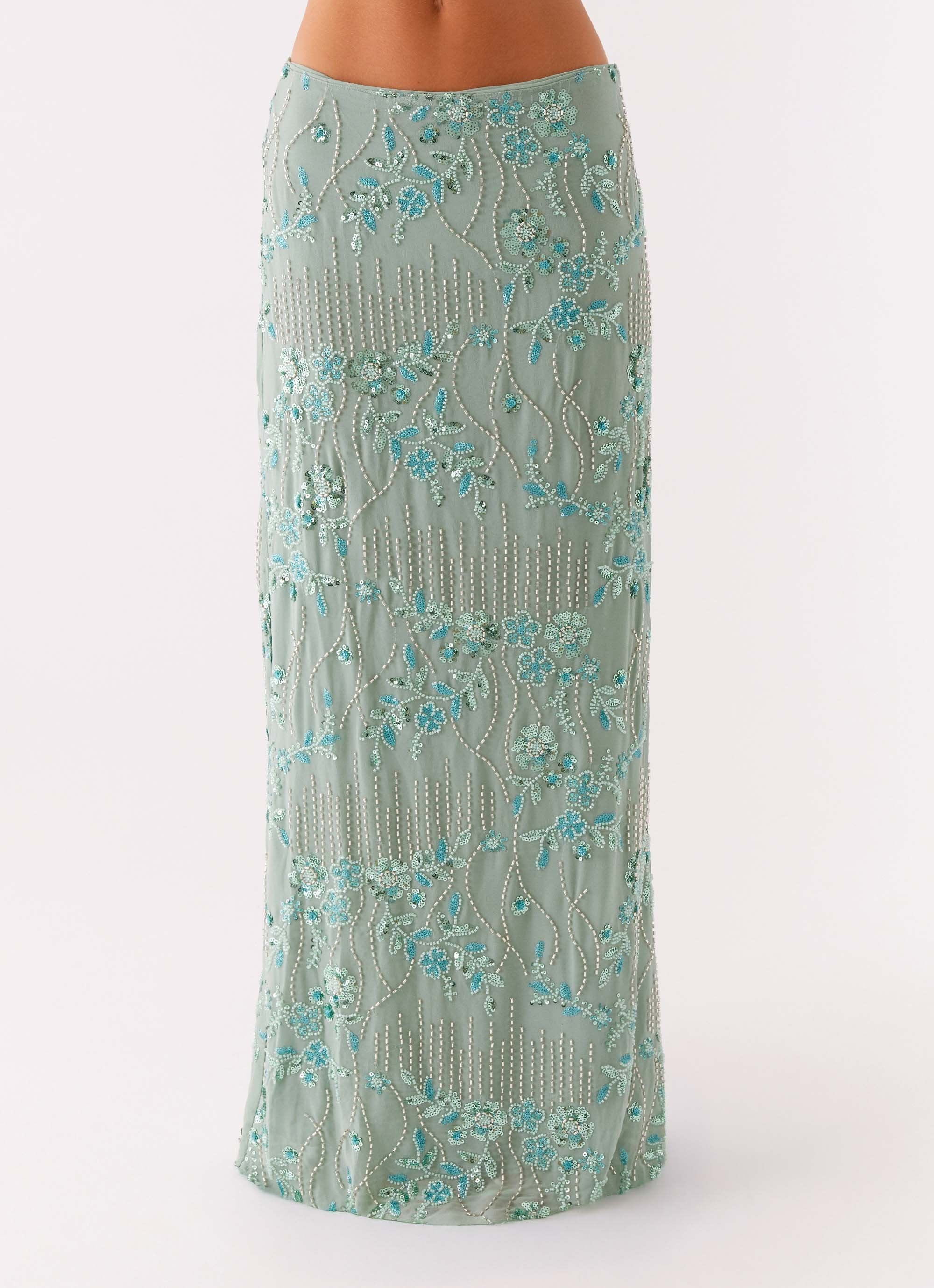 Corinna Low Rise Sequin Maxi Skirt in sage green — Peppermayo | Endless UAE