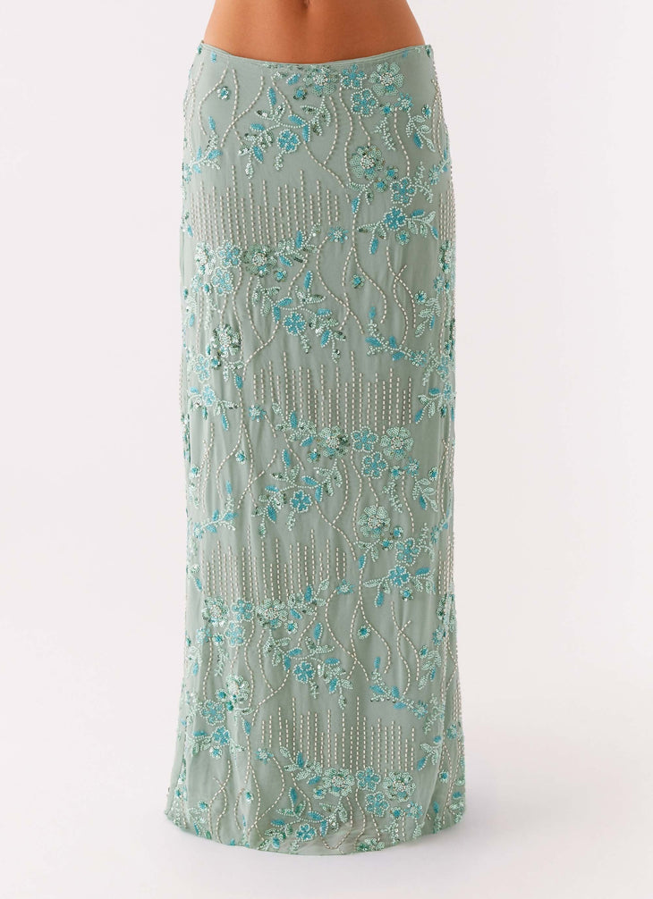 Corinna Low Rise Sequin Maxi Skirt in sage green — Peppermayo | Endless UAE