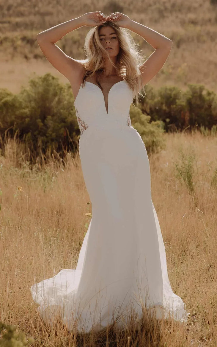 Elegant white lace trumpet wedding dress with sheer back — Essense of Australia | Endless UAE