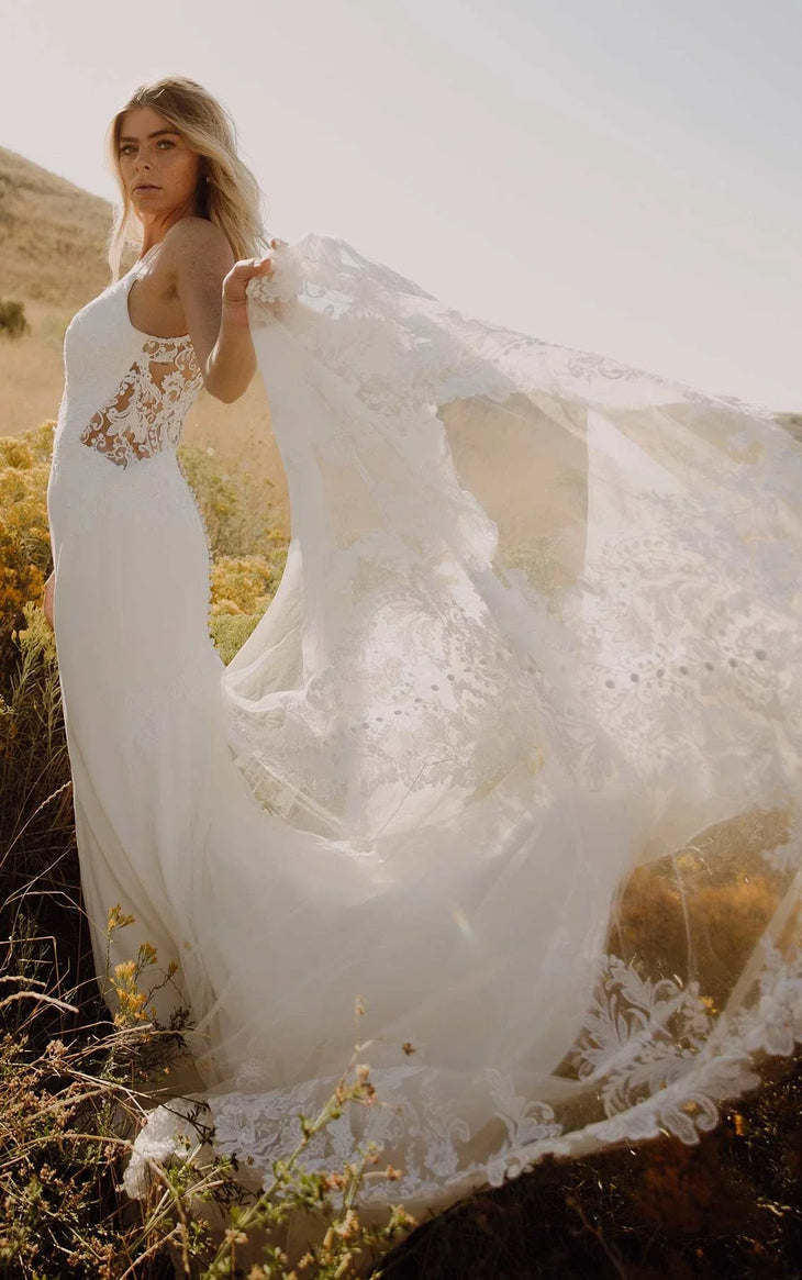 Elegant white lace trumpet wedding dress with sheer back — Essense of Australia | Endless UAE