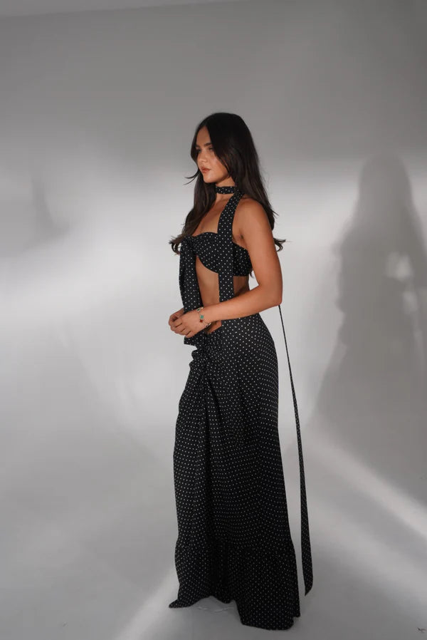 Black polka dot halter neck co-ord set with cutout detail — Deme Studio | Endless UAE