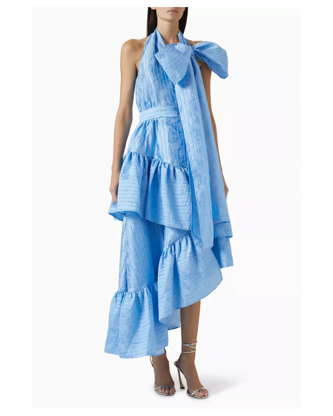 Blue bow halter layered-skirt midi dress with asymmetrical hemline — Poca & Poca | Endless UAE