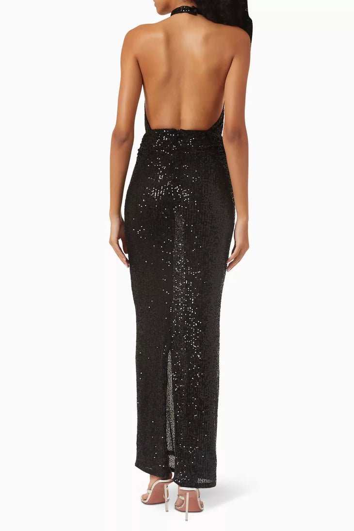 Black sequin halterneck maxi dress with cutout front and side slit — Ronny Kobo | Endless UAE