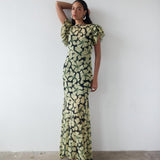Bougainvillea Maxi Dress in cream and black floral print with ruffled sleeves — De La Vali | Endless UAE