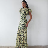 Bougainvillea Maxi Dress in cream and black floral print with ruffled sleeves — De La Vali | Endless UAE