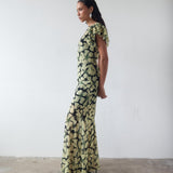 Bougainvillea Maxi Dress in cream and black floral print with ruffled sleeves — De La Vali | Endless UAE