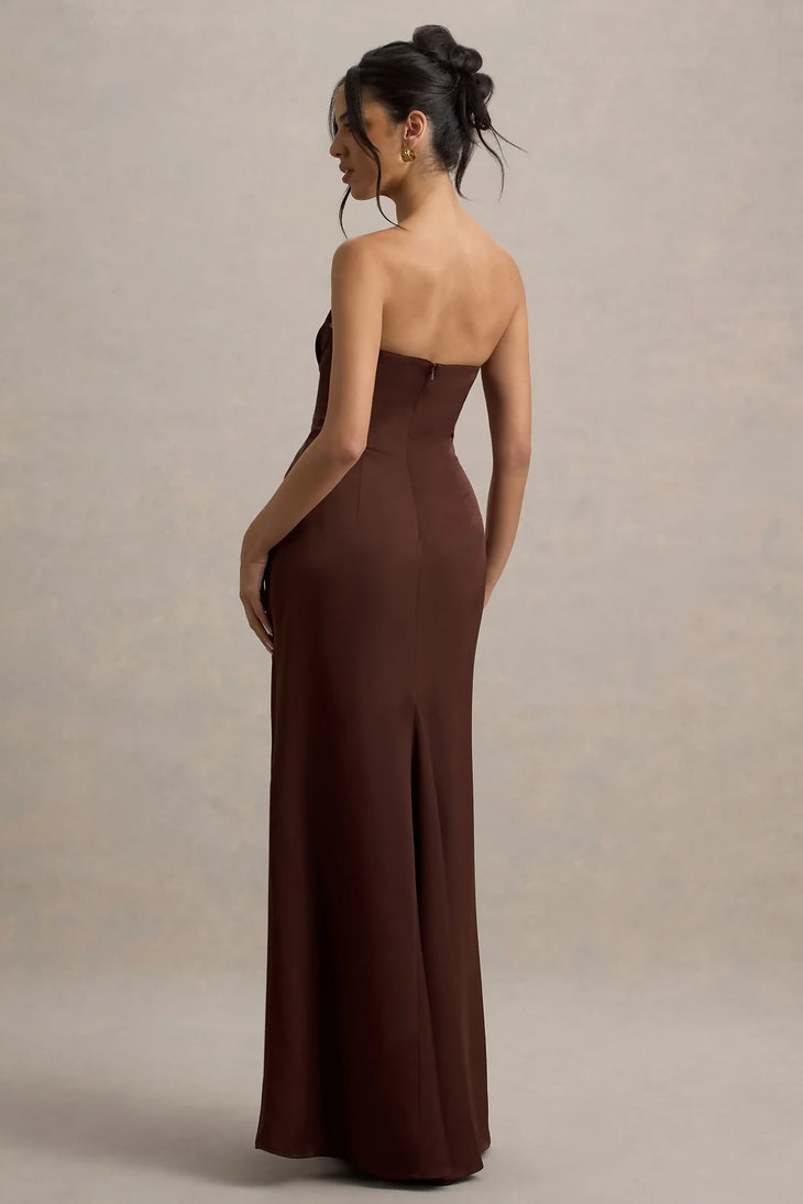 Elegant brown strapless maxi dress with fitted silhouette and floor-length hem, back view — Club L London | Endless UAE