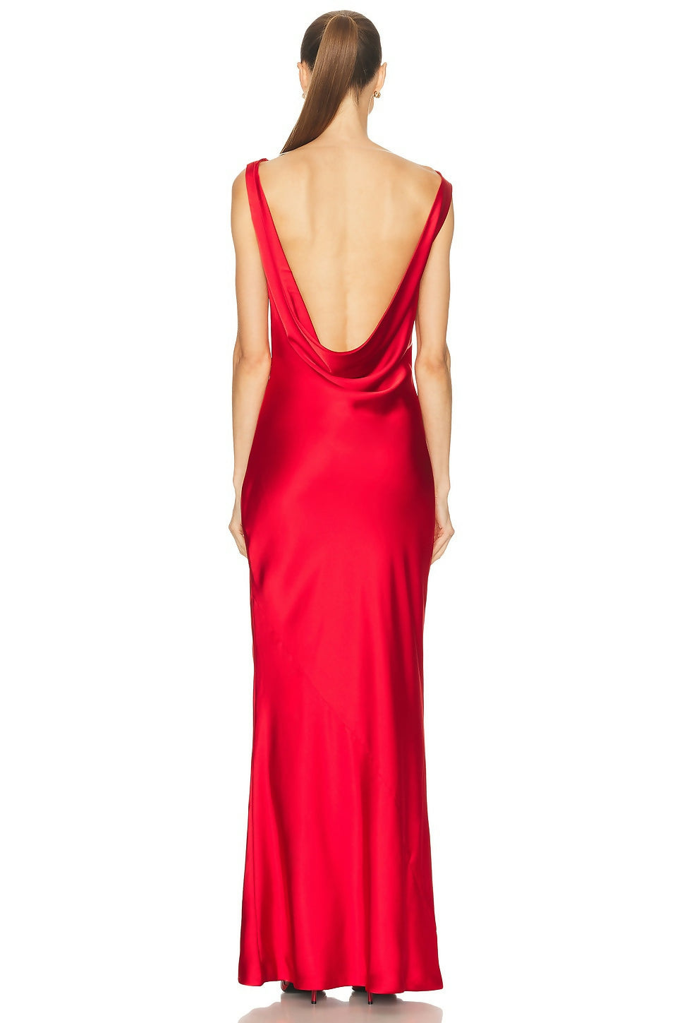 Red satin sleeveless gown with dramatic low cowl back and floor-length silhouette, back view — Norma Kamali | Endless UAE