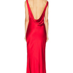 Red satin sleeveless gown with dramatic low cowl back and floor-length silhouette, back view — Norma Kamali | Endless UAE