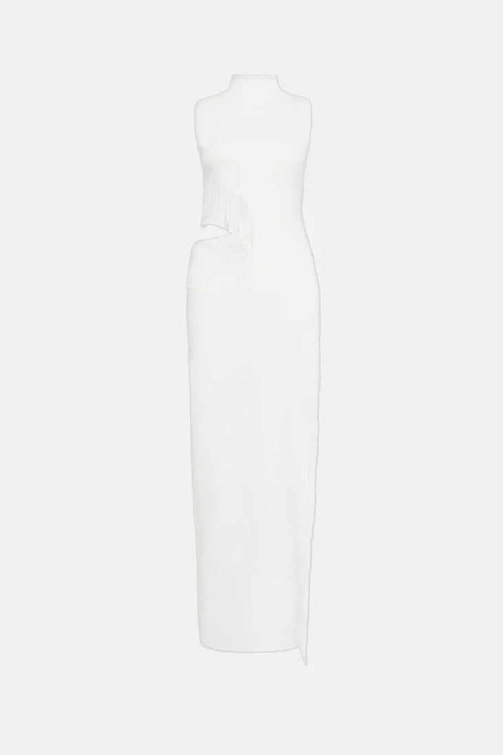 White sleeveless beaded maxi dress with cutout detail and high slit — Galvan | Endless UAE