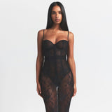 Black strapless corset long dress with lace detailing and sheer panels — Skims | Endless UAE